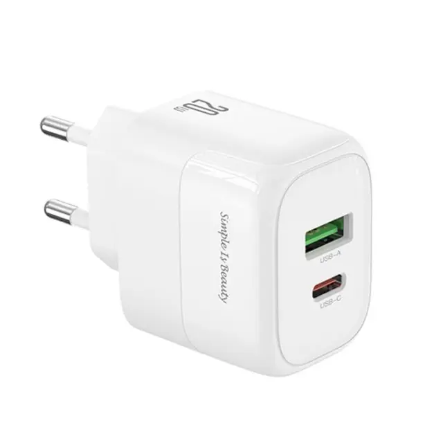 Universal φορτιστής με 2 εξόδους 1xUSB-A & 1xUSB-C, PD20 & QC18W σε λευκό χρώμα