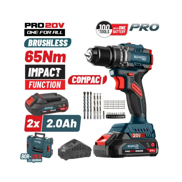 Bormann Pro BBP5401X22CA - Κρουστικό Δραπανοκατσάβιδο Compact Brushless 20V με 2 Μπαταρίες 2Ah (2x2Ah) + Φορτιστή σε Βαλίτσα (083238)