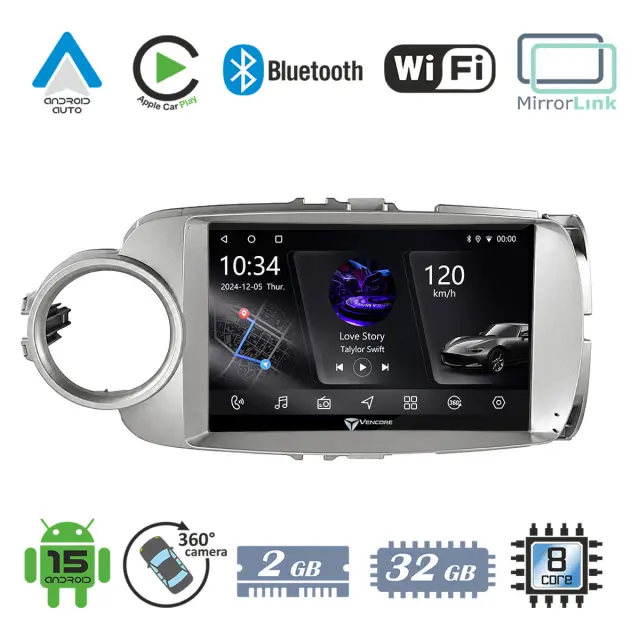 VenCore Οθόνη Multimedia Android 15 9" PX5S Octa-Core 2GB/32GB IPS με Πρόσοψη, CarPlay, Android Auto και Υποστήριξη Κάμερας 360° για Toyota Yaris 2012-2015 – Ασημί (3236-10005-0635S)