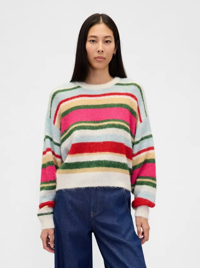 Fuzzy Oversized Πουλόβερ με Στρογγυλή Λαιμόκοψη Multi color happy stripe