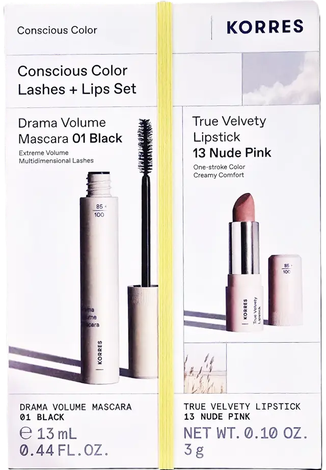 KORRES Consious Color Set with Drama Volume Mascara 01 Black, 13ml & True Velvety Lipstick 13 Nude Pink, 3g