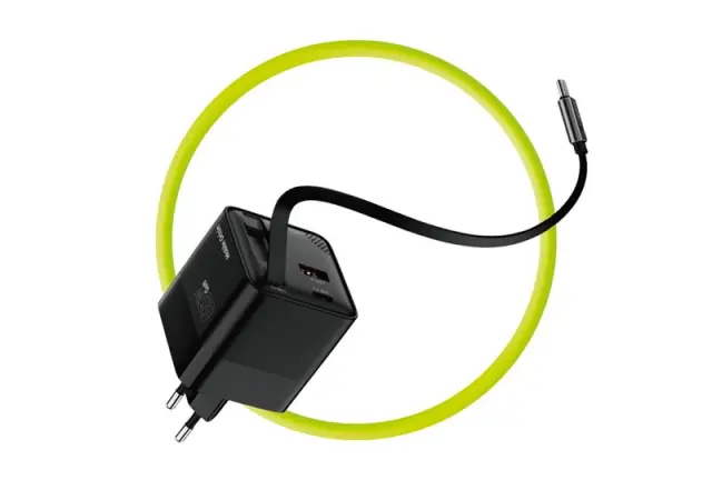 Mobile Origin 65W GaN Display Charger PW2 - USB-C Self-Retracting Cable + USB-C + USB-A 3