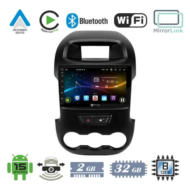 VenCore Οθόνη Multimedia Android 15 9" 9109A MTK6762 Octa-Core 2GB/32GB IPS με Πρόσοψη, CarPlay, Android Auto και Υποστήριξη Κάμερας Οπισθοπορείας AHD για Ford Ranger 2012-2016 – Μαύρη (3236-10007-0591B)