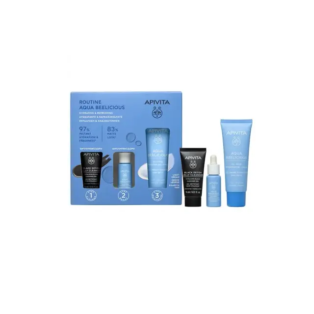 Apivita Aqua Beelicious Promo Pack με Oil-Free Hydrating Gel-Cream Κρέμα Ενυδάτωσης Ελαφριάς Υφής, 40ml & Δώρο Black Detox Cleansing Jelly Μαύρο Gel Καθαρισμού για Πρόσωπο & Μάτια, 15ml & Aqua Beelicious Booster Αναζωογόνησης & Ενυδάτωσης, 10ml, 1σετ