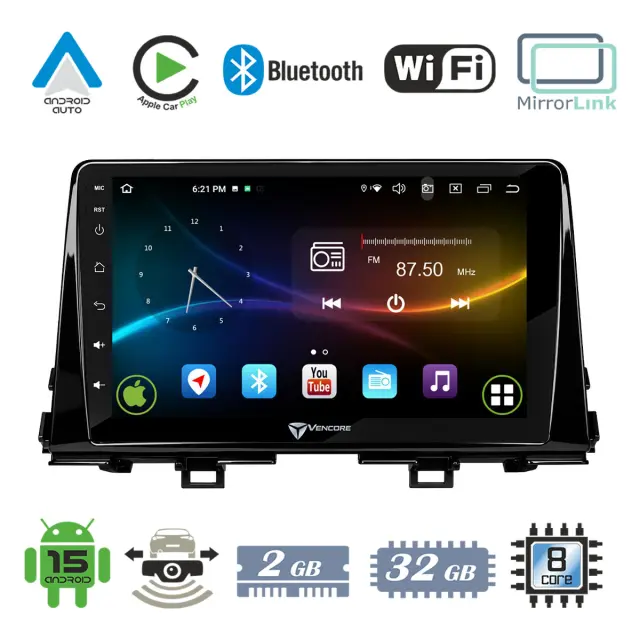 VenCore Οθόνη Multimedia Android 15 9" 9109A MTK6762 Octa-Core 2GB/32GB IPS με Πρόσοψη, CarPlay, Android Auto και Υποστήριξη Κάμερας Οπισθοπορείας AHD για Kia Picanto 2017-2021 – Μαύρη (3236-10007-0756B)