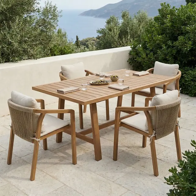 Τραπεζαρία Malibu pakoworld μασίφ ξύλο ακακίας 160x90x75εκ Σετ 5τεμ