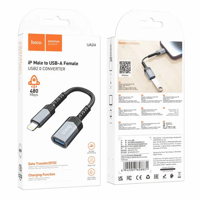 Αντάπτορας Hoco UA24 Lightning σε USB με Λειτουργία OTG 480Mbps Δυνατότητα Φόρτισης 5V/2A και Κοντό Anti-bending Καλώδιο Γκρι 2