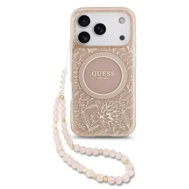 Guess IML Flowers Allover Strap MagSafe Case for iPhone 17 Pro Pink