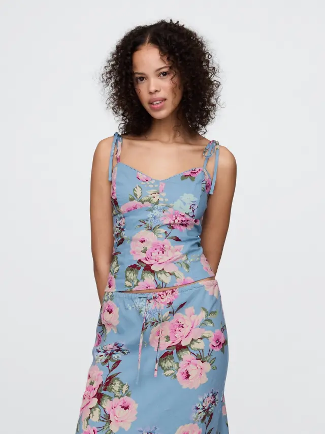Λινή-Μίξη Tie-Strap Αμάνικη Μπλούζα Blue multi floral