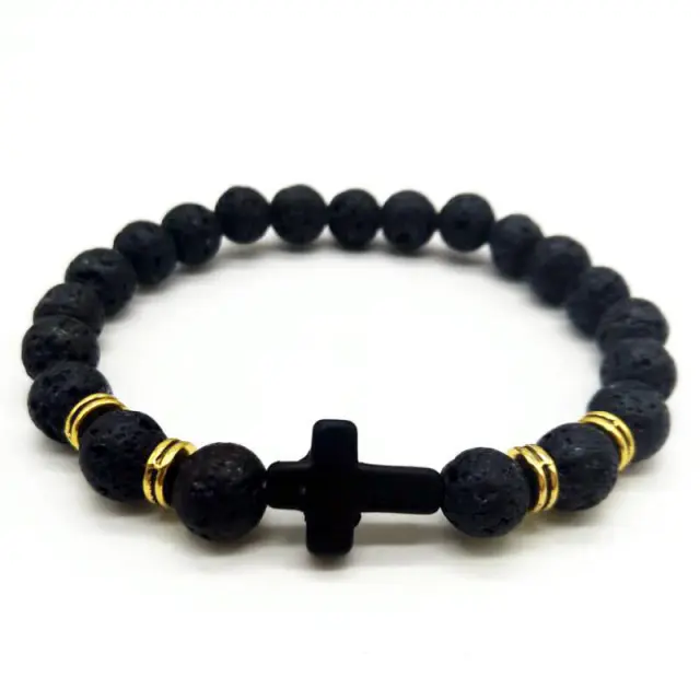 Ghetto Black Cross Natural Stone Elastic Bracelet Gold Lava
