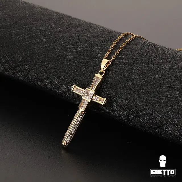 Ghetto Crucifix Pendant CZ Gold18k Plated Cross Clavicle Chain 2