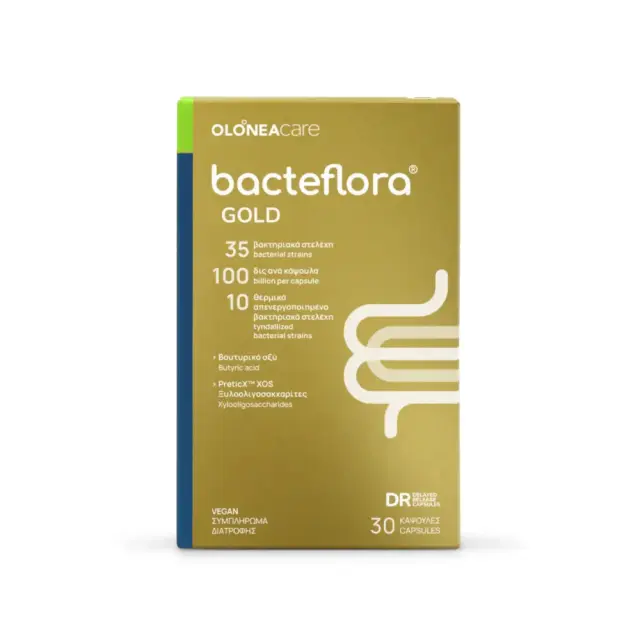 Olonea | Bacteflora Gold Φιλικά Βακτήρια & Πρεβιοτικά με Υψηλή Περιεκτικότητα για την Ισορροπία του Εντερικού Μικροβιώματος σε Περιπτώσεις Αυξημένων Αναγκών | 30 Κάψουλες