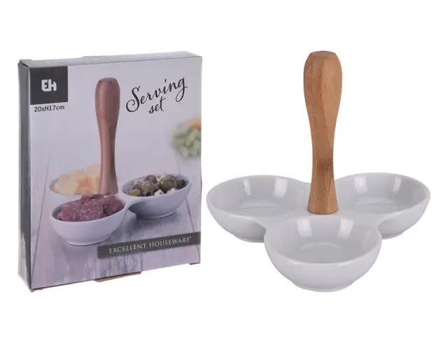 Μπολ Σερβιρίσματος Excellent Houseware πορσελάνινο, λαβή από μπαμπού, με 3 ξεχωριστές θήκες, λευκό, 20 x 20 x 17cm 795880370 2