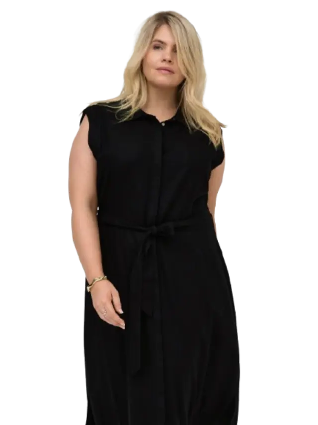 Μάξι αμάνικο φόρεμα με ζώνη στη μέση plus size - Μαύρο - 44