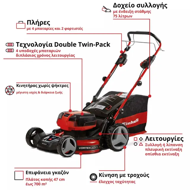 Einhell 3413200 - GE-CM 36/47 S HW Li - Αυτοκινούμενη Μηχανή Γκαζόν Μπαταρίας με 4 Μπαταρίες 4Ah (4x4,0Ah) PXC & 2x Διπλούς Ταχυφορτιστές 2