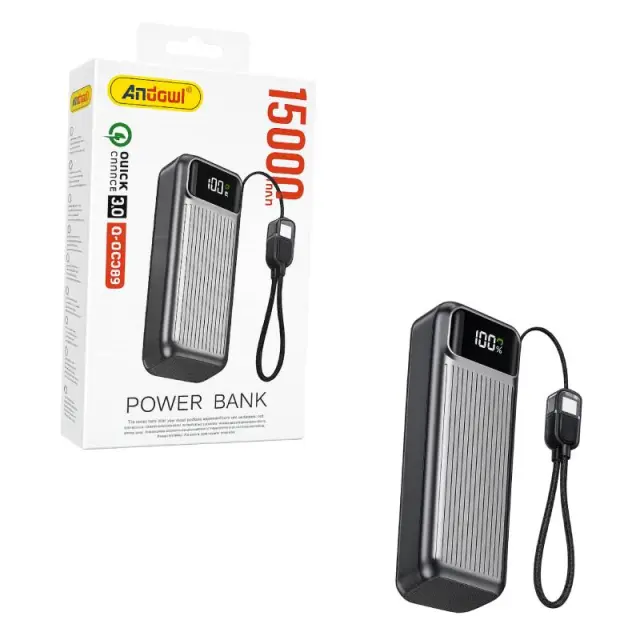 Andowl Power Bank 15000mAh Ταχείας Φόρτισης με Ψηφιακή Οθόνη & Ενσωματωμένο Καλώδιο Q-DC389 - Fast Charging Power Bank with Digital Display 0751223