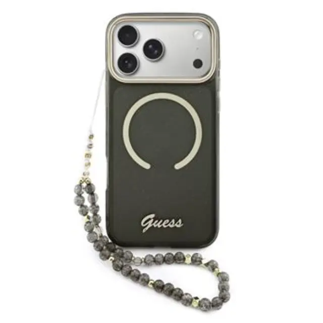 Guess IML Glitter Script Strap MagSafe Case for iPhone 17 Pro Max Black