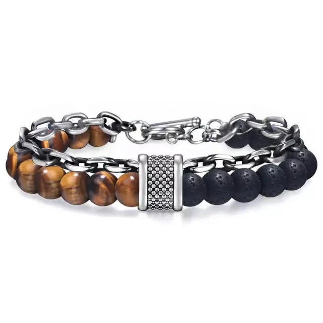 Tiger Eye Lava Stone Βραχιόλι με Ασημί Αλυσίδα