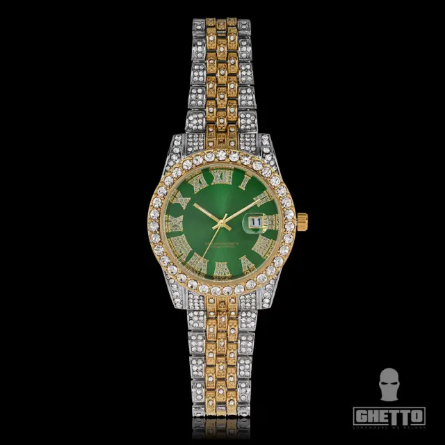Ghetto 2021 Hip Hop Iced 2tone Rhinestones Quartz Watch SS Green