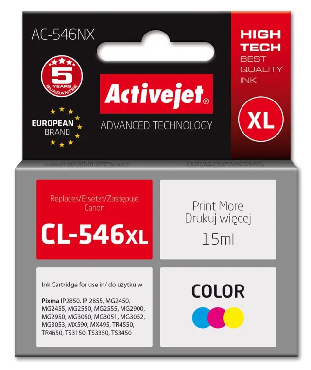Activejet AC-546NX Printer Ink for Canon, Replacement Canon CL-546XL Supreme 15 ml colour, cyan, magenta, yellow