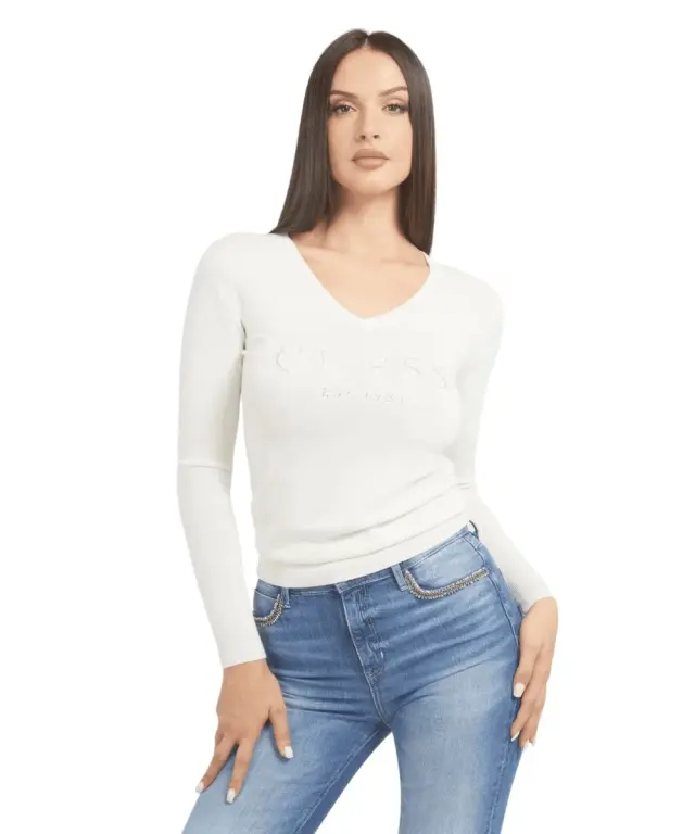 Guess - Γυναικείο Πουλόβερ Ls Vn Saylor Logo Slim Fit W5BR41Z2NQ2-G012 Λευκό - XL