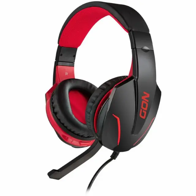 Gaming headset με ρυθμιζόμενο σε κλίση μικρόφωνο, σε μαύρο χρώμα και κόκκινο LED φωτισμό.