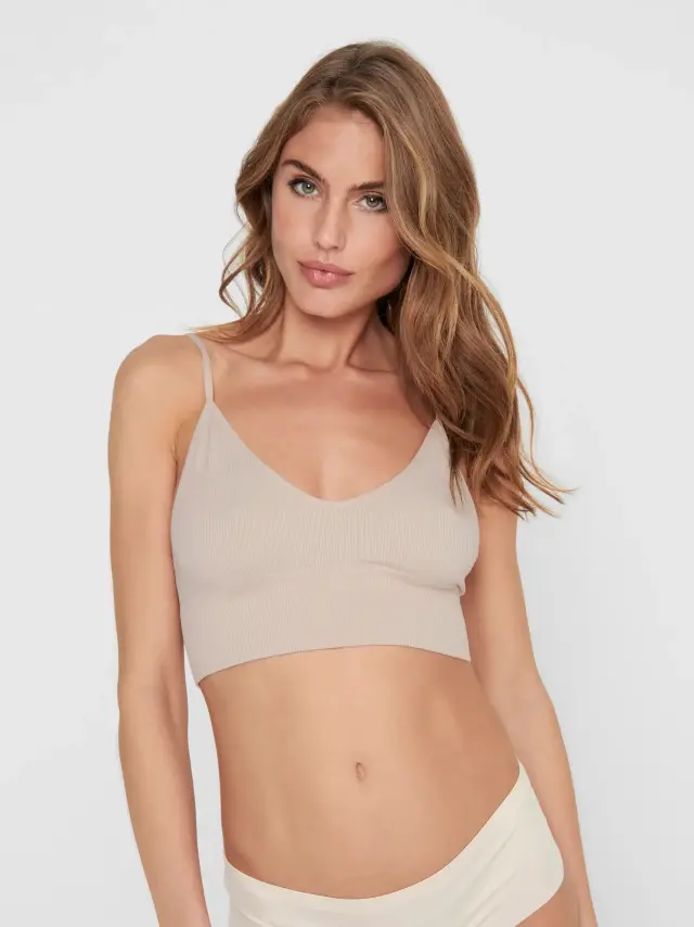 ONLY ONLVICKY Rib Seamless Τοπ με V-Λαιμόκοψη NOOS Μπεζ
