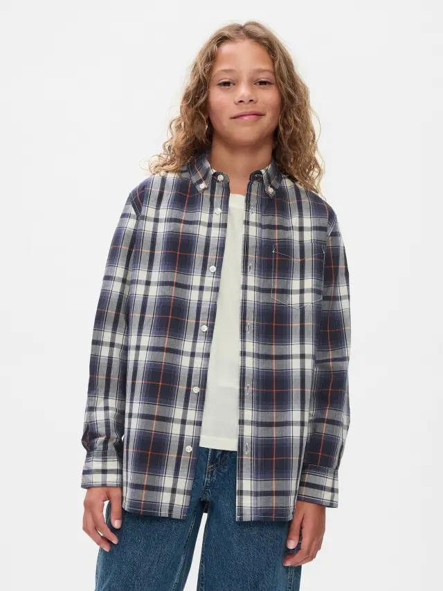 Μπλε Παιδικό Organic Cotton Poplin Πουκάμισο Navy plaid - XS