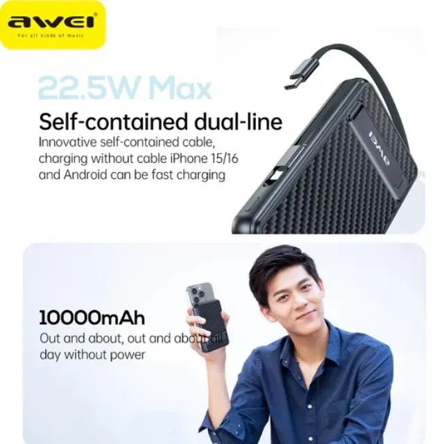 Μαγνητικό Powerbank ασύρματης φόρτισης με 2 καλώδια - PA-25 - 10.000mah - 22.5W - AWEI - 023726 3