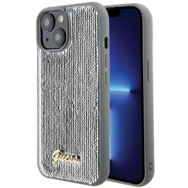 Guess Sequin Script Metal case for iPhone 15 - Silver