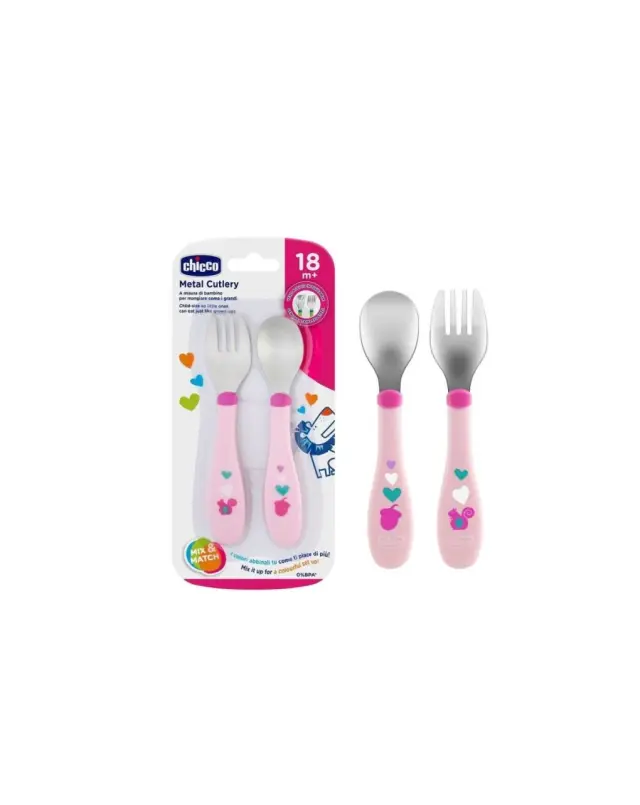 Chicco Metal Cutlery Mix & Match Σετ Πιρούνι - Κουτάλι Ανοξείδωτο 18m+ Ροζ 2