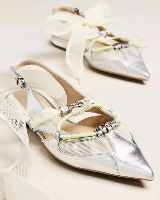 PINKO Gianira 30 SD0547P049-ZZF Γυναικείες Ασημί Δερμάτινες Slingback Μπαλαρίνες