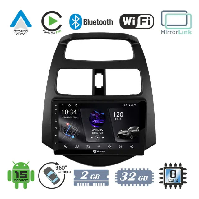 VenCore Οθόνη Multimedia Android 15 9" PX5S Octa-Core 2GB/32GB IPS με Πρόσοψη, CarPlay, Android Auto και Υποστήριξη Κάμερας 360° για Chevrolet Spark 2009-2015 – Μαύρη (3236-10005-0683B)