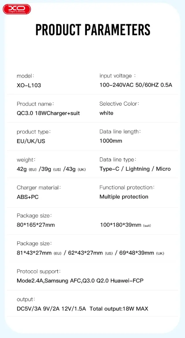 XO L103 (UK) QC3.0 18W Φορτιστής με Καλώδιο Lightning (NB103) 16.006.0292 2