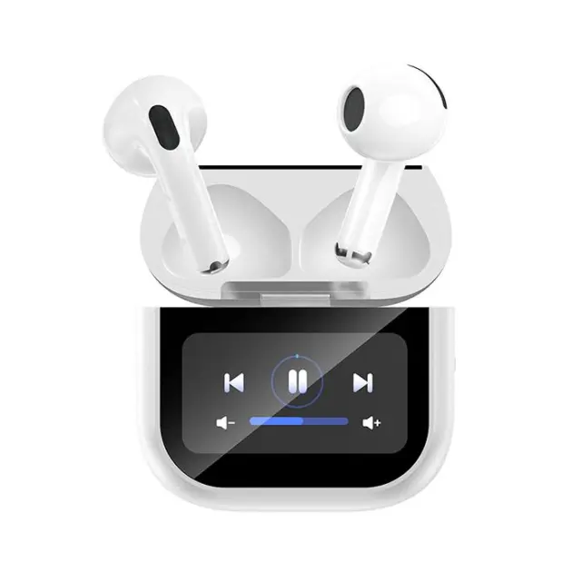 Bluetooth ακουστικά handsfree με θήκη φόρτισης και οθόνη, σε λευκό χρώμα