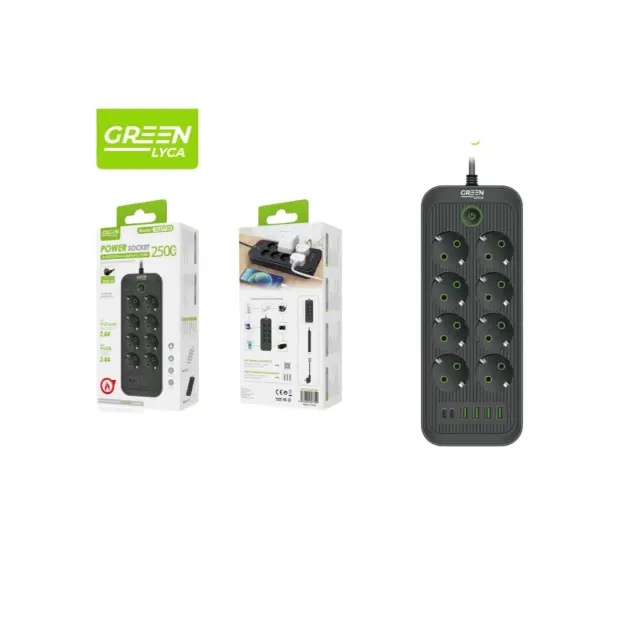 Green Lyca Power Socket 2500W 8Sockets-4*USB-2*C-200CM GL69730
