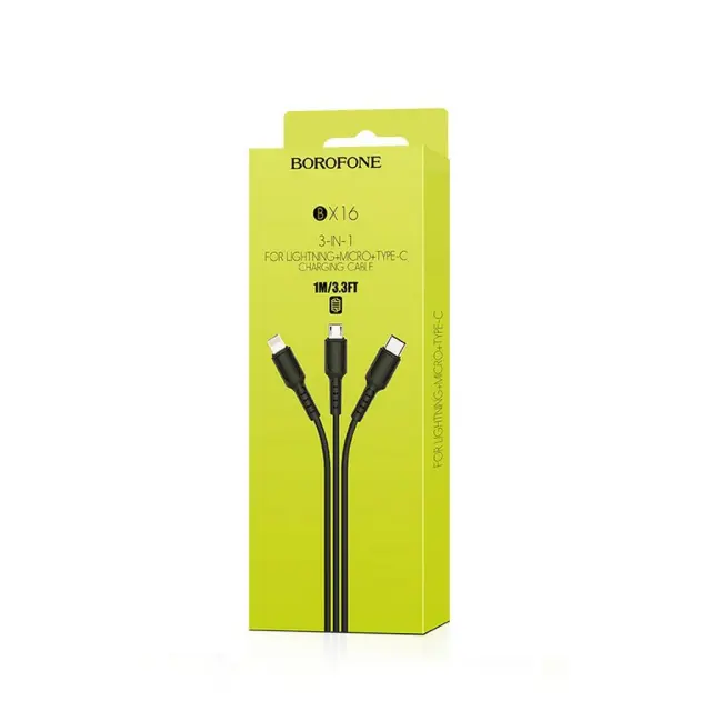 Καλώδιο σύνδεσης Borofone BX16 3-σε-1 USB σε Micro-USB, Lightning, Type-C Μαύρο 1.0m