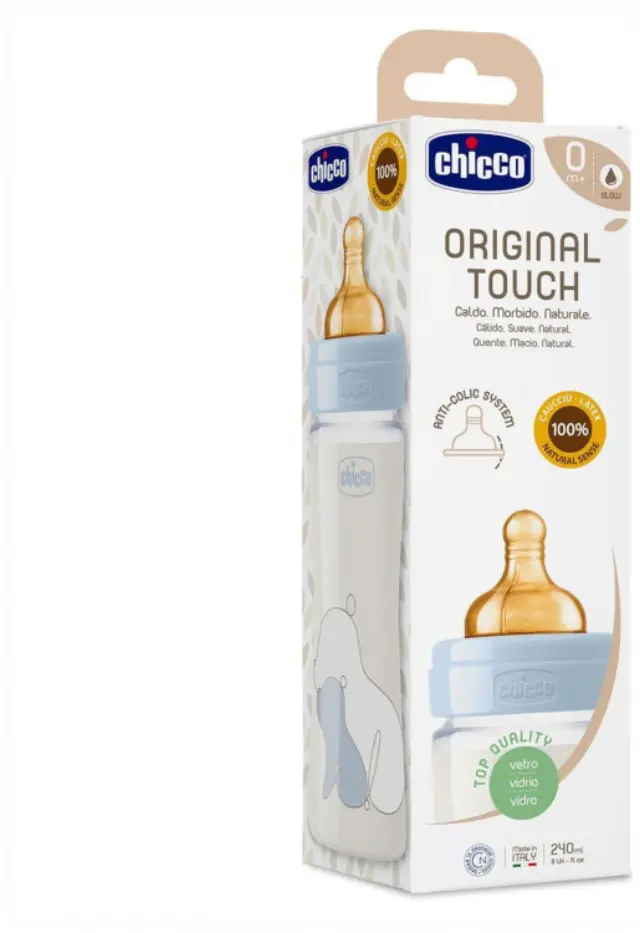 Chicco Γυάλινο Μπιμπερό Original Touch Κατά των Κολικών με Θηλή Καουτσούκ 240ml για 0+ μηνών Μπεζ