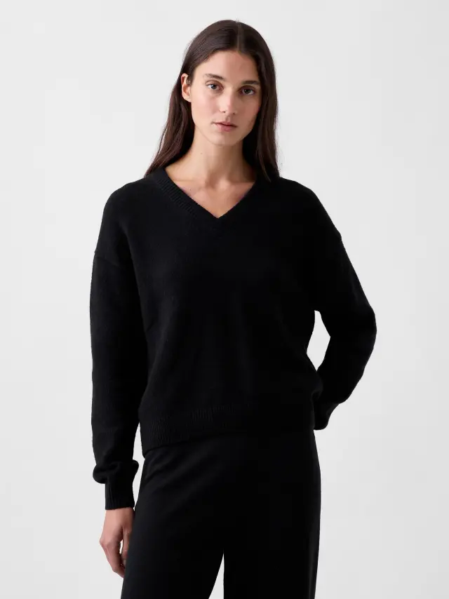 Γυναικείο Πουλόβερ CashSoft σε Oversized Γραμμή με V-Λαιμόκοψη Basic black