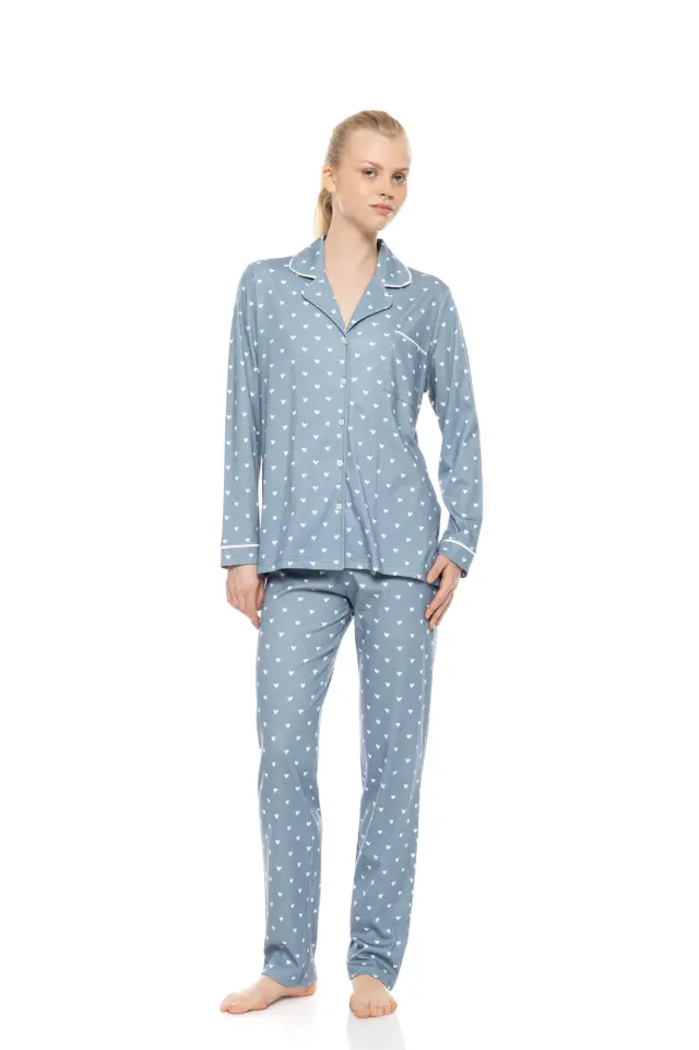 Pink Label Pyjama Buttoned Stone Blue Heart σετ γυναικεία χειμερινή πυτζάμα W1950-1