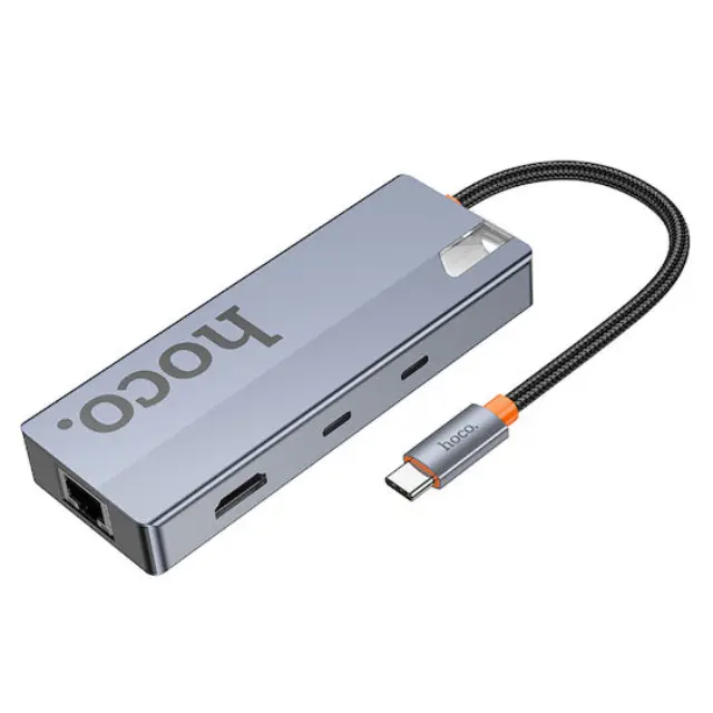 Hub USB-C Hoco HB52 Wow 8-in-1 με HDTV + RJ45 + SD/TF+ PD + Type-C 3.0 + 2x USB 3.0 Γκρι 18cm 3