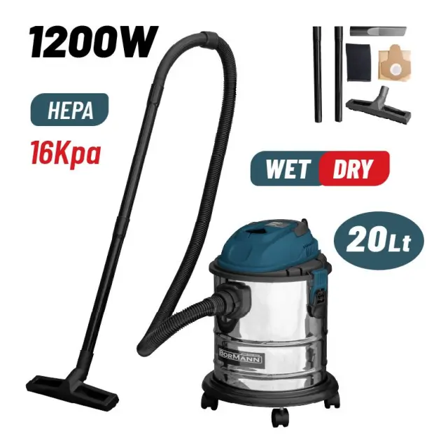 Bormann BVC2610 - Σκούπα Υγρών-Στερεών 1200W, Ανοξείδωτο Κάδο 20Lt (049814)