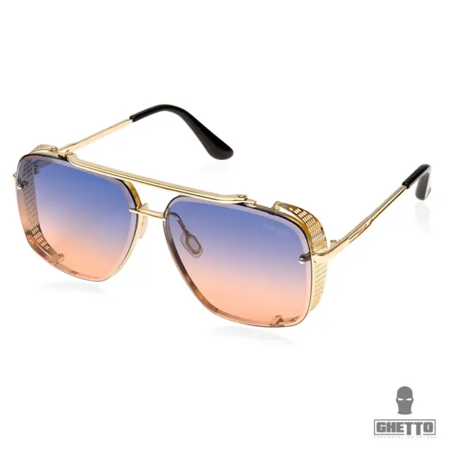 Ghetto Double Beam Square Pilot Sunglasses Gold Frame Unisex Blue Orange