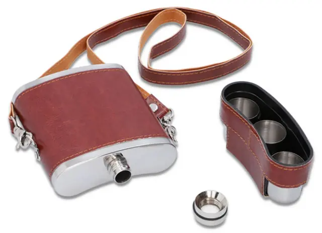 Flask Φλασκί Ποτού Δερματίνη Καφέ Κρεμαστό με 3 Σφηνοπότηρα - 240ml 3
