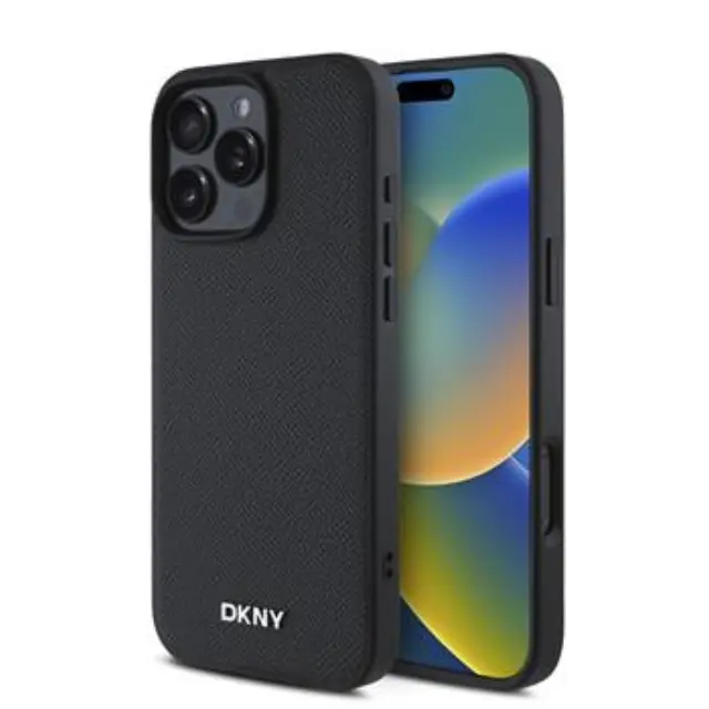 DKNY PU Leather Silver Metal Logo Magsafe Case for iPhone 16 Pro Max Black