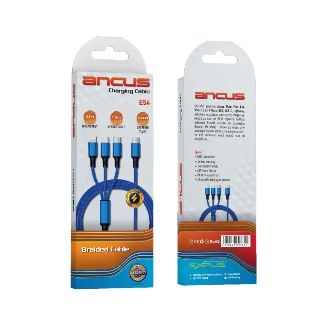 Καλώδιο Φόρτισης Ancus Flow Plus E54 USB-C 3 σε 1 Micro-USB, USB-C, Lightning 3.0A με Braided Καλώδιο Μπλε 1m. Με 5 Χρονια Εγγύηση