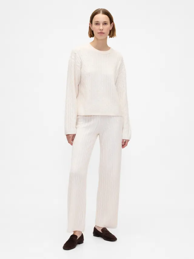 CashSoft Cable-Knit Πλεκτό Παντελόνι Ivory beige frost