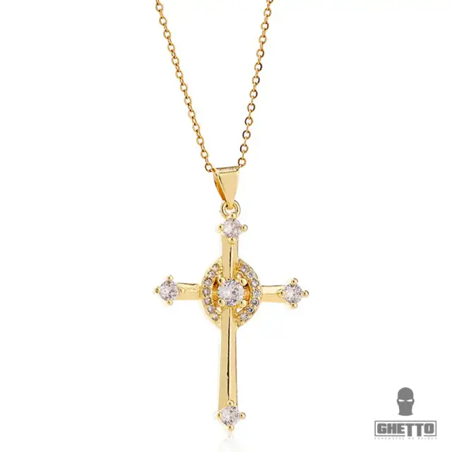 Ghetto Crucifix Pendant CZ Gold18k Plated Cross Clavicle Chain