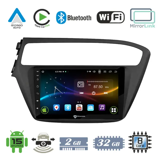 VenCore Οθόνη Multimedia Android 15 9" 9109A MTK6762 Octa-Core 2GB/32GB IPS με Πρόσοψη, CarPlay, Android Auto και Υποστήριξη Κάμερας Οπισθοπορείας AHD για Hyundai i20 2018-2020 – Μαύρη (3236-10007-0509B)