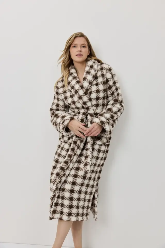 Aruelle Sana Φλις Μακρυά Ρόμπα Blurred Plaid Καφέ-Εκρού - M